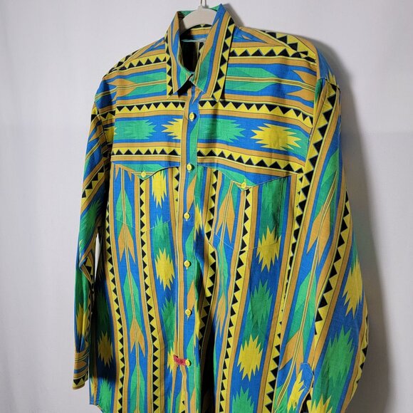 VTG Western Signatures by Eds West Mens Colorful Aztec Long Sleeve Shirt Large - Picture 3 of 10